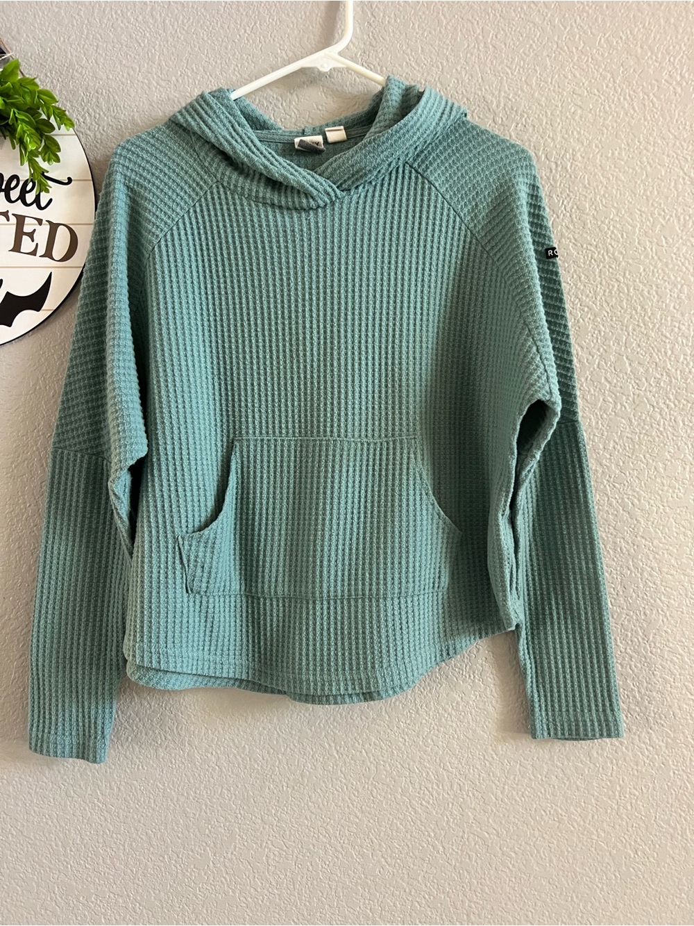 Roxy Cozy Waffle Knit Hoodie Sweater - Sage Green Size S